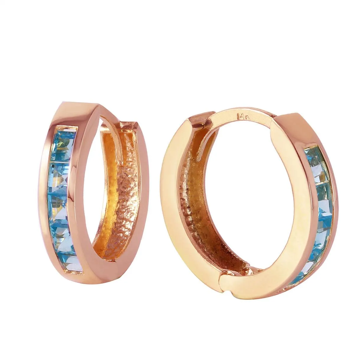 1.2 Carat 14K Solid Rose Gold Hoop Huggie Earrings Blue Topaz