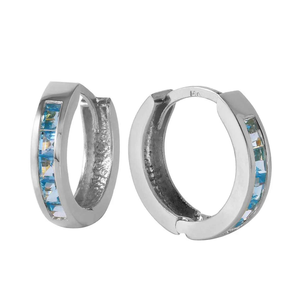 1.2 Carat 14K Solid White Gold Hoop Huggie Earrings Blue Topaz