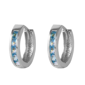 1.2 Carat 14K Solid White Gold Hoop Huggie Earrings Blue Topaz