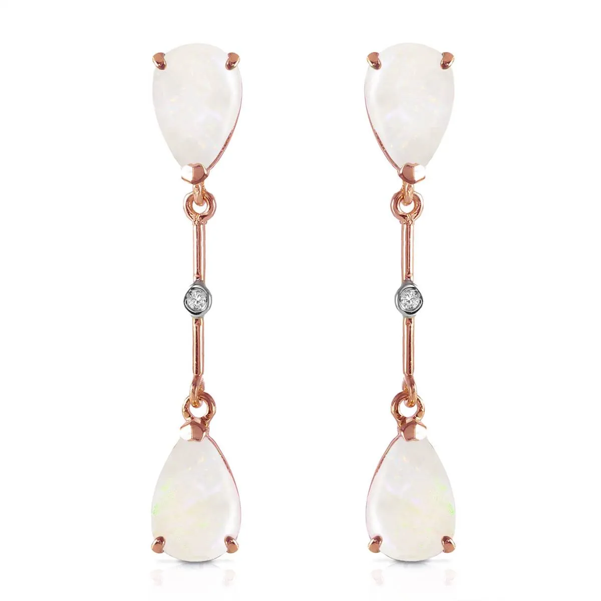 14K Solid Rose Gold Diamonds & Opals Dangling Earrings