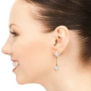 14K Solid Rose Gold Diamonds & Opals Dangling Earrings