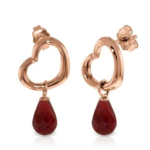 14K Solid Rose Gold Heart Earrings w/ Dangling Natural Rubies