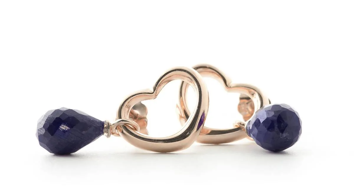 14K Solid Rose Gold Heart Earrings w/ Dangling Natural Sapphires