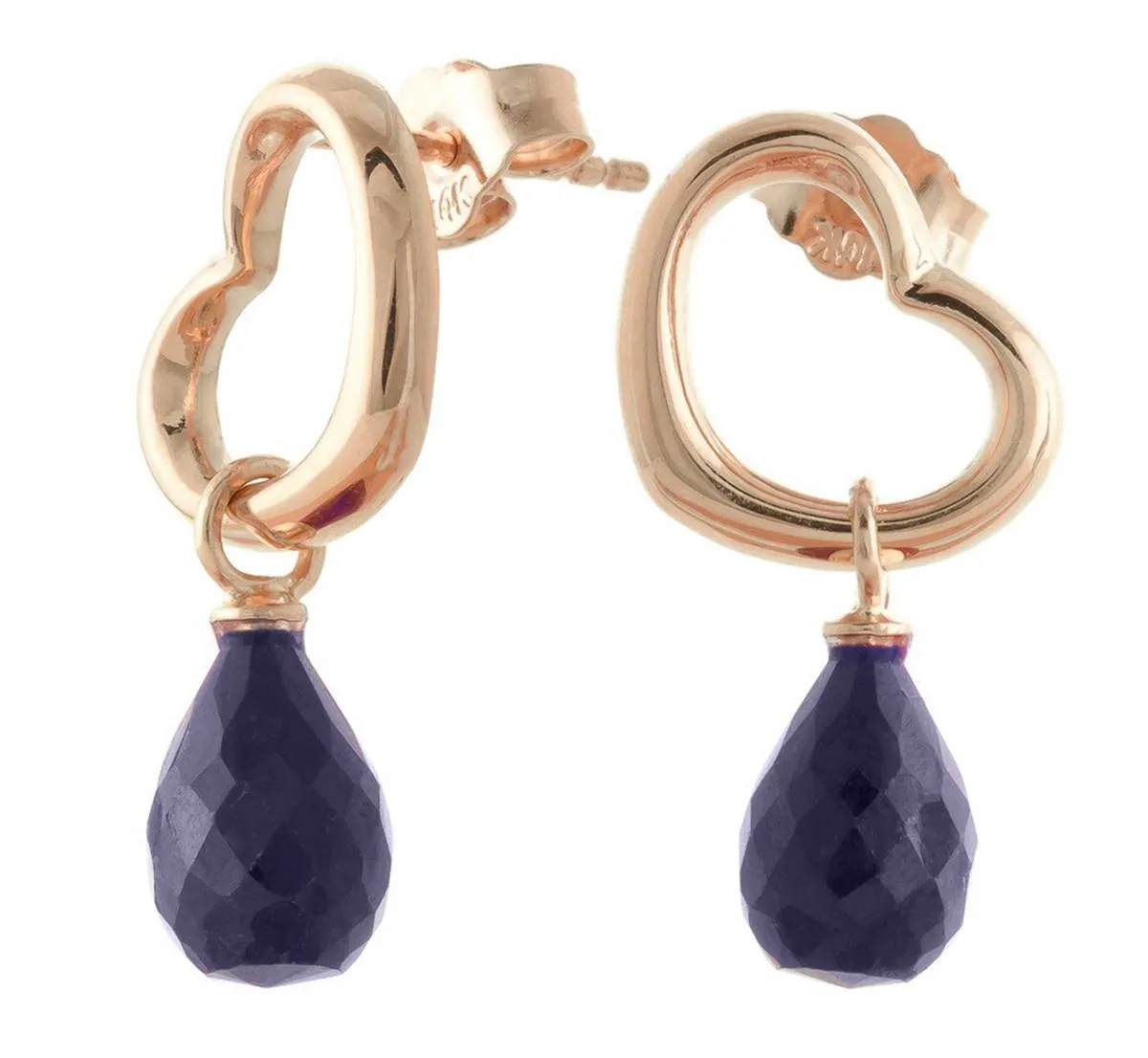 14K Solid Rose Gold Heart Earrings w/ Dangling Natural Sapphires