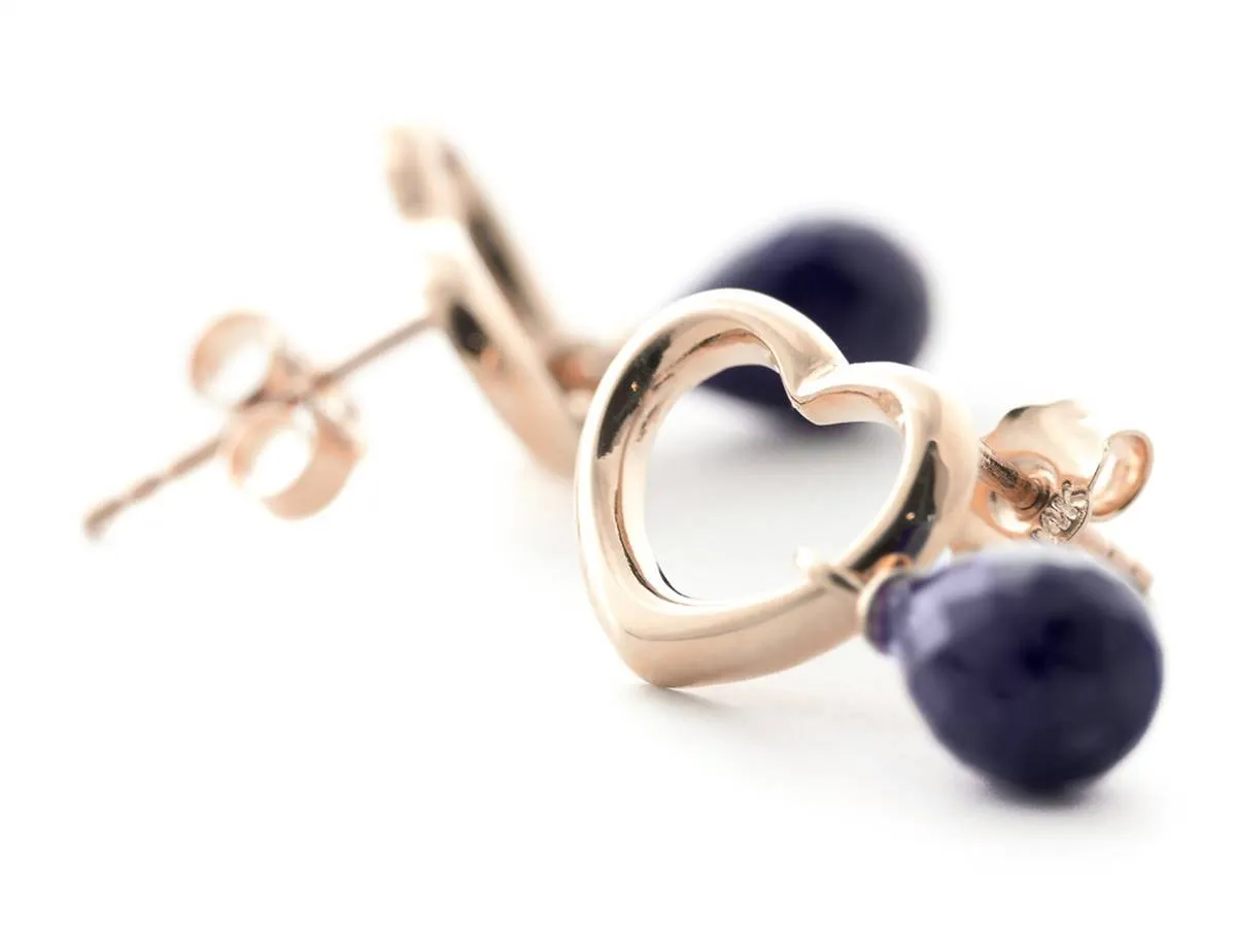 14K Solid Rose Gold Heart Earrings w/ Dangling Natural Sapphires