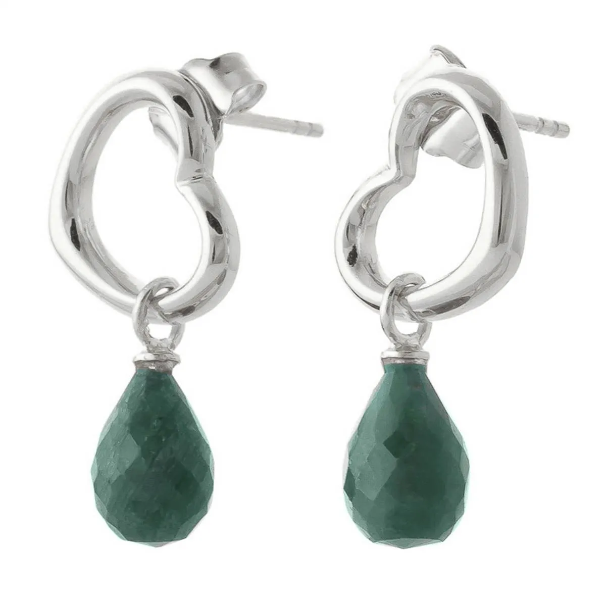 14K Solid White Gold Heart Earrings w/ Dangling Natural Emeralds