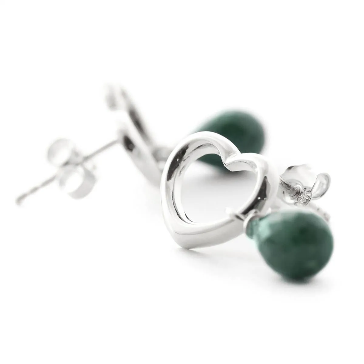 14K Solid White Gold Heart Earrings w/ Dangling Natural Emeralds