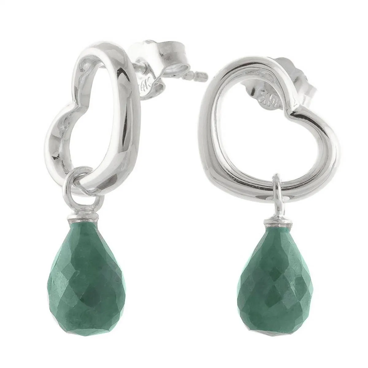 14K Solid White Gold Heart Earrings w/ Dangling Natural Emeralds