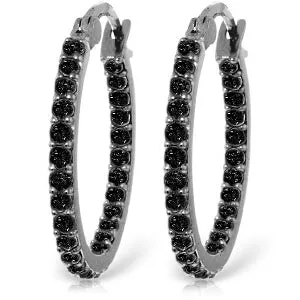 14K Solid White Gold Hoop Earrings w/ Natural Black Diamonds