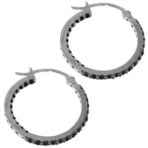 14K Solid White Gold Hoop Earrings w/ Natural Black Diamonds