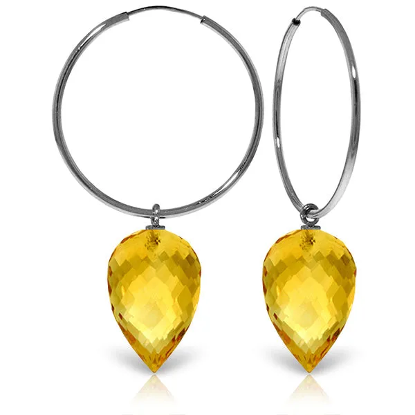 14K Solid White Gold Hoop Earrings w/ Pointy Briolette Drop Citrines