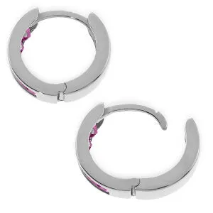 14K Solid White Gold Hoop Huggie Earrings w/ Pink Sapphires