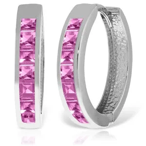 14K Solid White Gold Hoop Huggie Earrings w/ Pink Sapphires