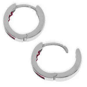 14K Solid White Gold Hoop Huggie Earrings w/ Rubies