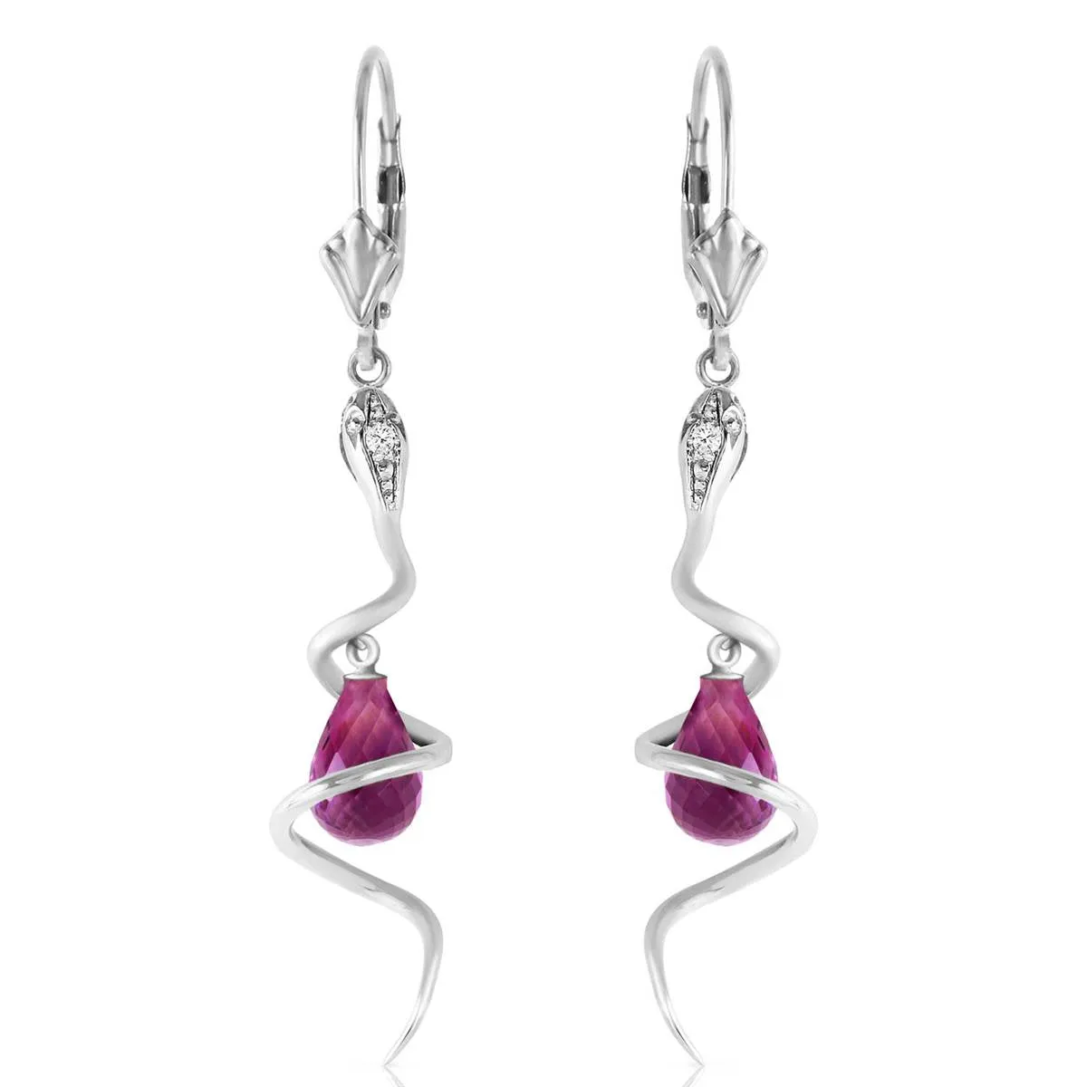 14K Solid White Gold Snake Earrings w/ Dangling Briolette Amethysts & Diamonds