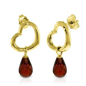 14K Solid Yellow Gold Heart Earrings w/ Dangling Natural Garnets