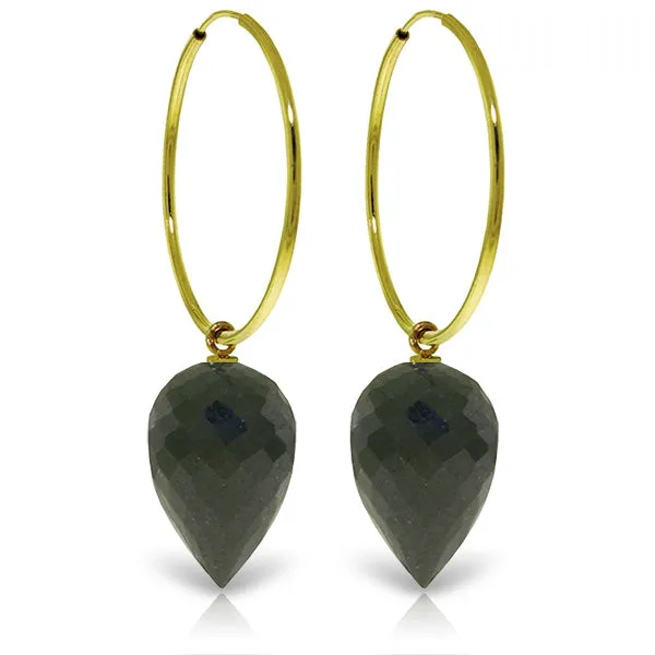 14K Solid Yellow Gold Hoop Earrings w/ Pointy Briolette Drop Black Spinel