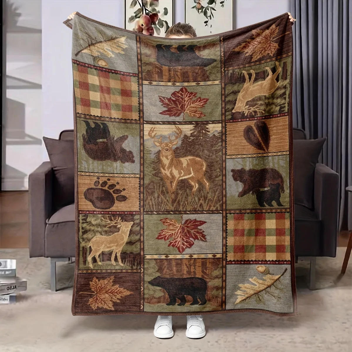 1pc Cozy Country Style Rustic Cabin Ultra-Soft Flannel Throw Blanket - Warm, Lightweight, and Plush for Couch, Bed, Living Room, Bedroom, and Sofa - Featuring Lodge Bear Moose Deer Design, Perfect for Winter, Camping, and Outdoor Enthusiasts