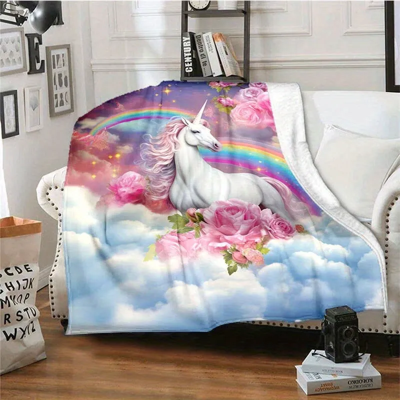 1pc Enchanting Rainbow Unicorn Soft Flannel Blanket - Ultra-Lightweight, Cozy, and Vibrant Digital Printing Fleece Throw for Sofa, Bed, Travel, Camping, Living Room, Office, Couch, Chair, and Bed - Perfect for Chilly Nights and Snuggle Time