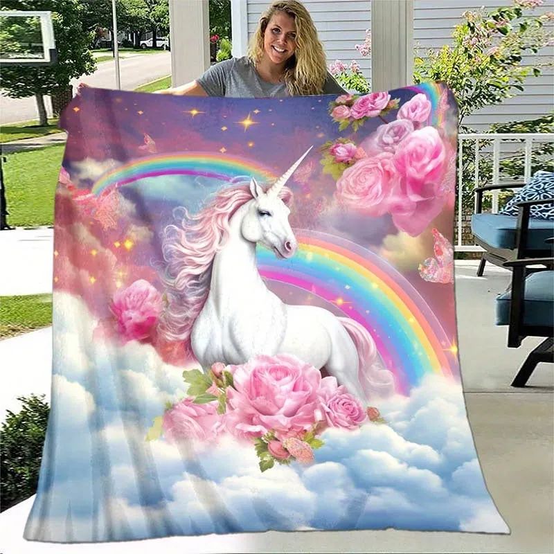 1pc Enchanting Rainbow Unicorn Soft Flannel Blanket - Ultra-Lightweight, Cozy, and Vibrant Digital Printing Fleece Throw for Sofa, Bed, Travel, Camping, Living Room, Office, Couch, Chair, and Bed - Perfect for Chilly Nights and Snuggle Time