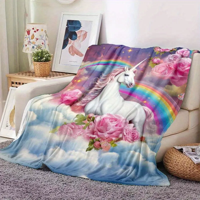 1pc Enchanting Rainbow Unicorn Soft Flannel Blanket - Ultra-Lightweight, Cozy, and Vibrant Digital Printing Fleece Throw for Sofa, Bed, Travel, Camping, Living Room, Office, Couch, Chair, and Bed - Perfect for Chilly Nights and Snuggle Time