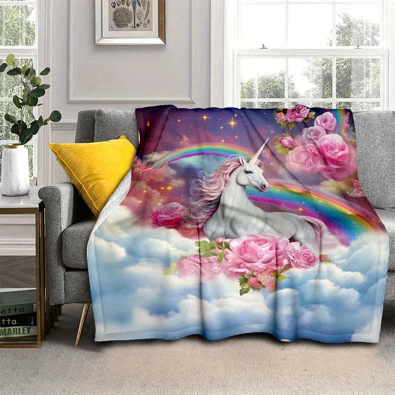 1pc Enchanting Rainbow Unicorn Soft Flannel Blanket - Ultra-Lightweight, Cozy, and Vibrant Digital Printing Fleece Throw for Sofa, Bed, Travel, Camping, Living Room, Office, Couch, Chair, and Bed - Perfect for Chilly Nights and Snuggle Time