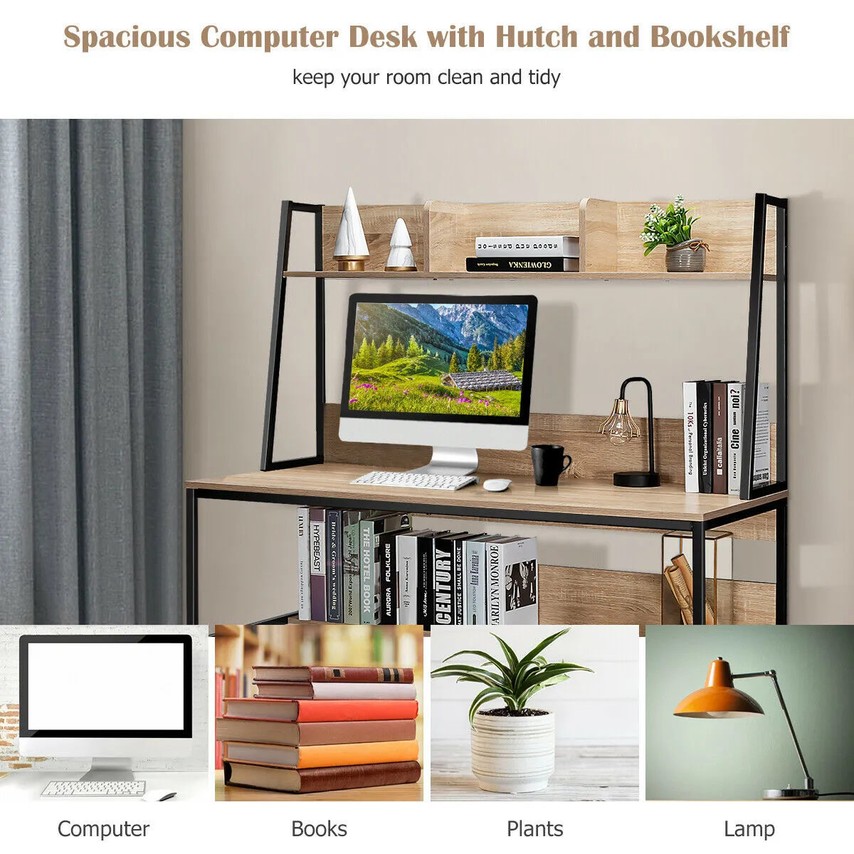 2 in 1 Computer Desk with Storage Bookshelf for Bedroom-Natural