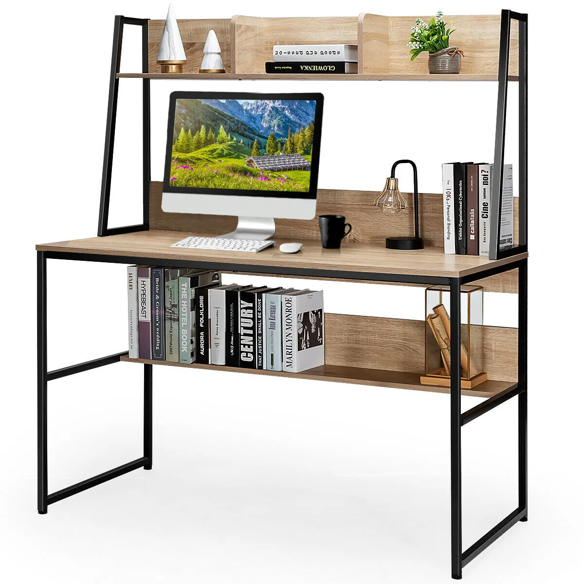 2 in 1 Computer Desk with Storage Bookshelf for Bedroom