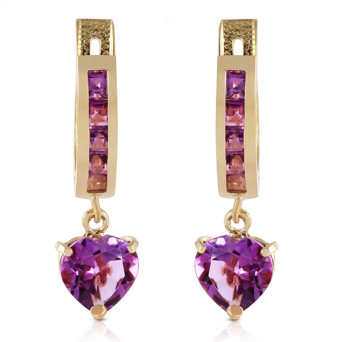 3.2 Carat 14K Solid Yellow Gold V-shape Hoop Earrings Heart Amethyst