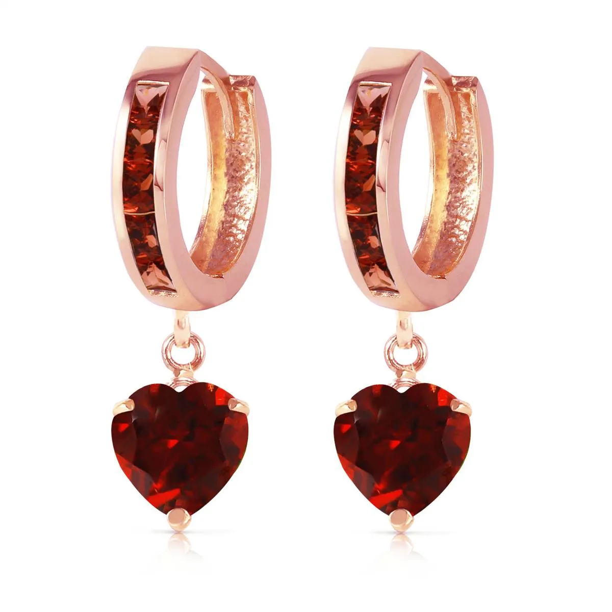 4.1 Carat 14K Solid Rose Gold Hoop Garnet Heart Drop Earrings