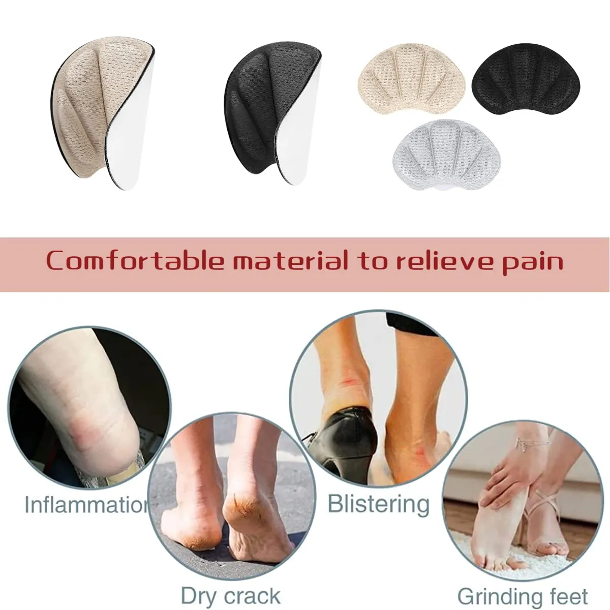 6 Pairs Heel Cushion Inserts Pads, Self-Adhesive Heel Grips Anti Blister Shoe Liners, Anti-Slip Shoe Pads Heel Protectors for Men and Women (Black & Beige&Grey)