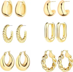 6 Pairs Hoop Earrings for Women Lightweight Chunky Hoop Earrings Multipack Hypoallergenic