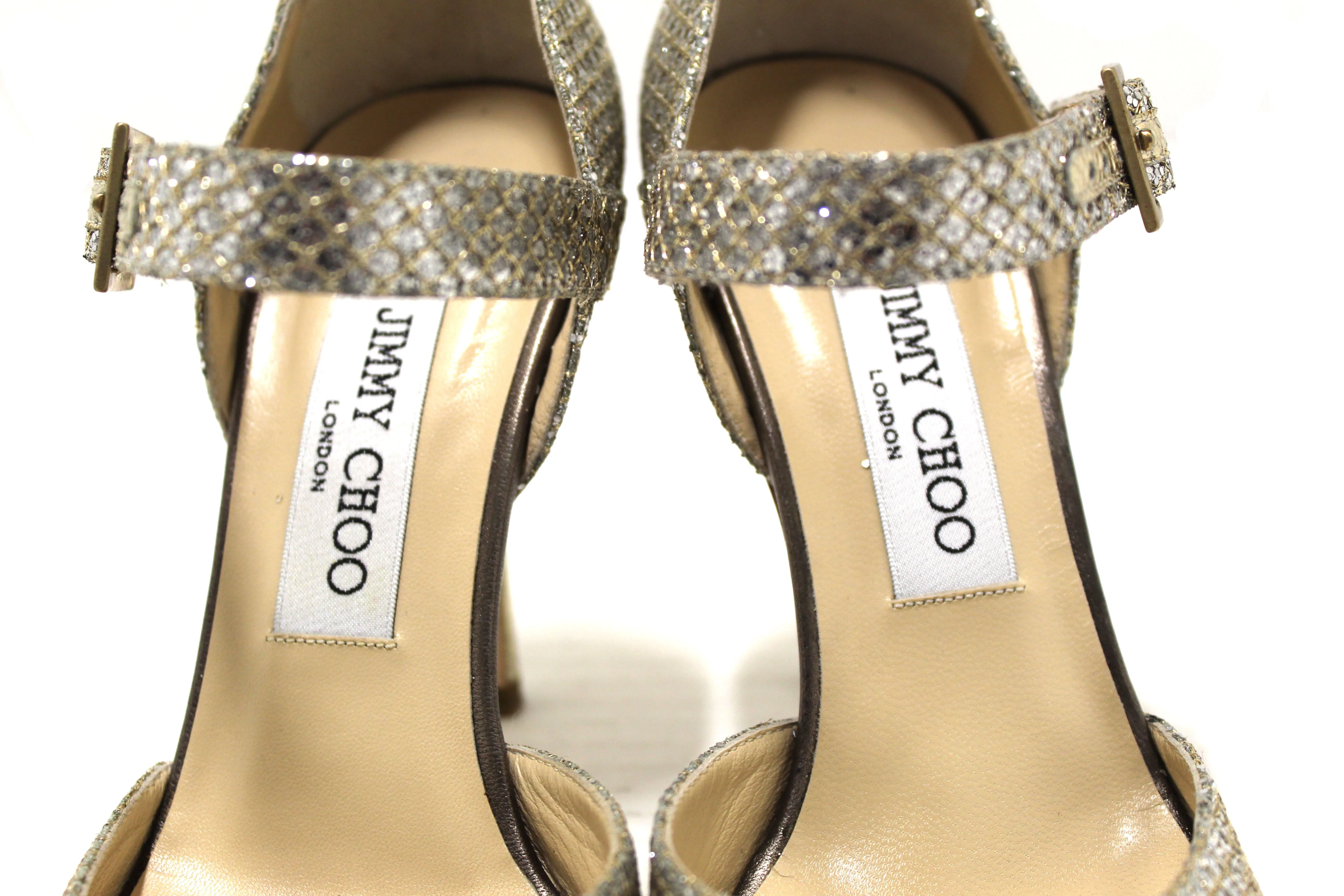 Authentic Jimmy Choo Silver Glitter Strap Heel Sandal Size 36