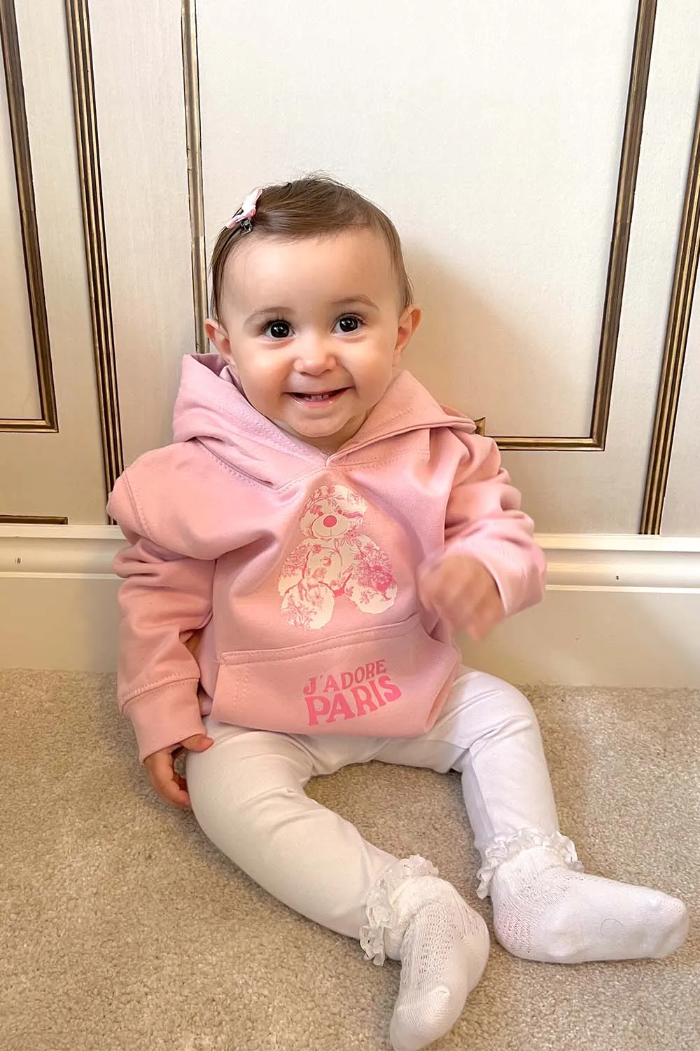 Baby Pink Jadore Paris Teddy printed Hoodie