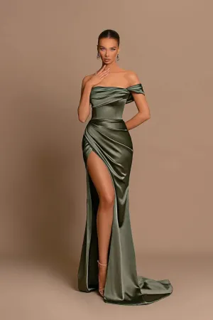 Beautiful Long Mermaid One shoulder Satin Formal Prom Dress With Slit