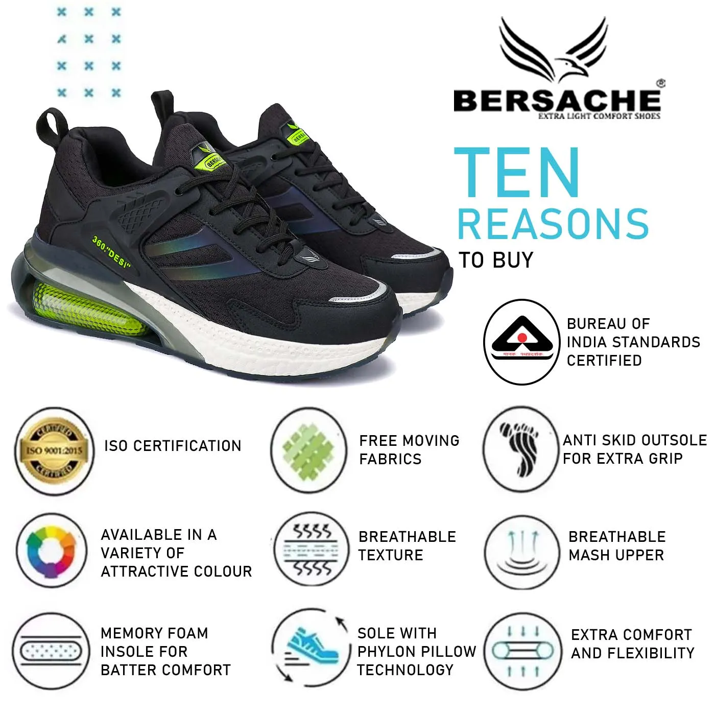 Bersache Lightweight Sports Running Walking Trekking Shoes For Men(Black-Green-9076)