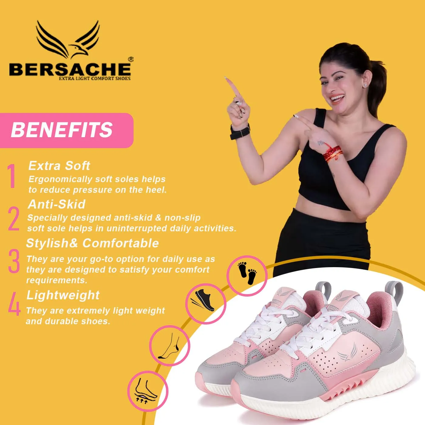 Bersache Premium Sports ,Gym, Trending Stylish Running shoes for Women (9146-Pink)