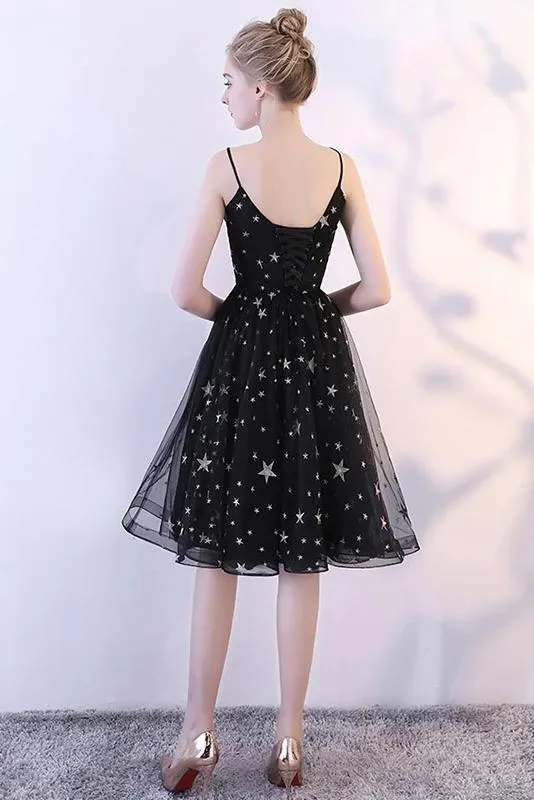 Black Spaghetti Straps V Neck Tulle Graduation Dress with Stars, Glitter Homecoming Dress UQ2147