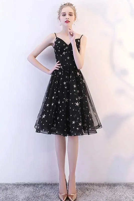 Black Spaghetti Straps V Neck Tulle Graduation Dress with Stars, Glitter Homecoming Dress UQ2147