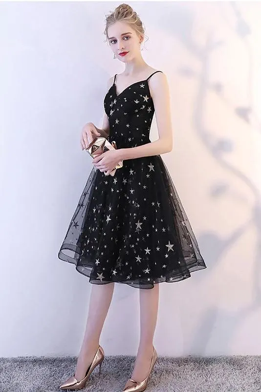 Black Spaghetti Straps V Neck Tulle Graduation Dress with Stars, Glitter Homecoming Dress UQ2147