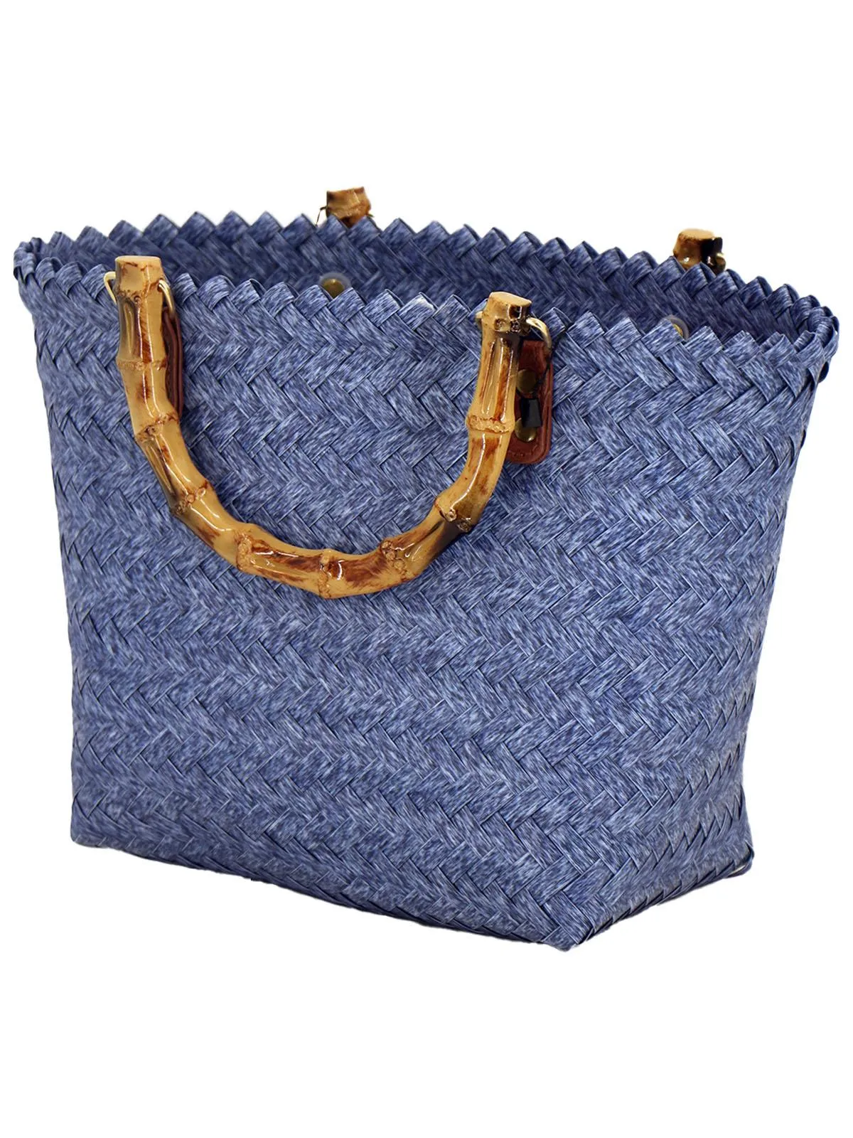 Blue Straw Basket Bag with Bamboo Handle