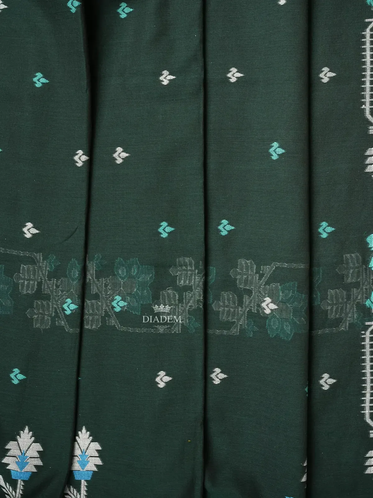 Dark Green Linen Cotton Saree with Floral Patterns on the Body with Designed Border