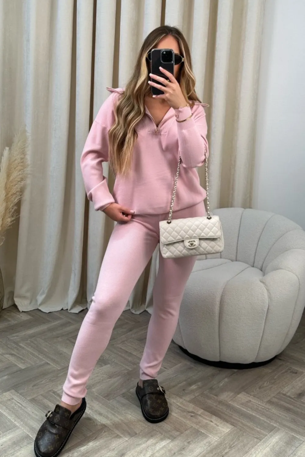 Delilah baby pink 1/4 zip knitted sweater loungewear set