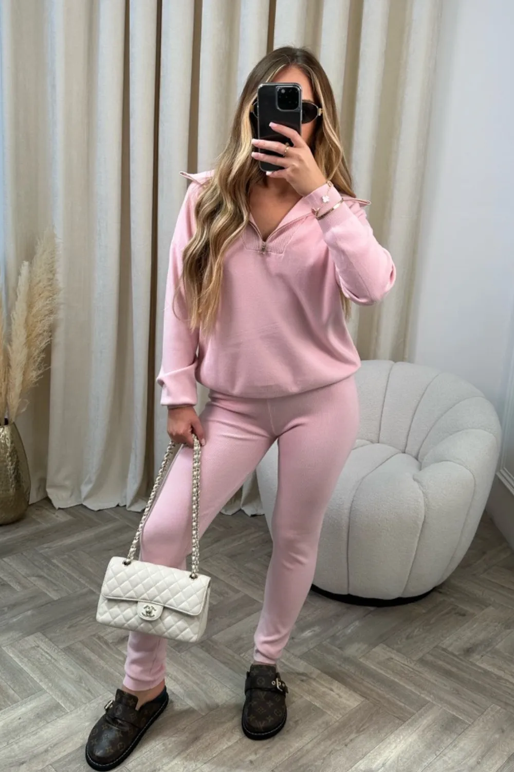 Delilah baby pink 1/4 zip knitted sweater loungewear set