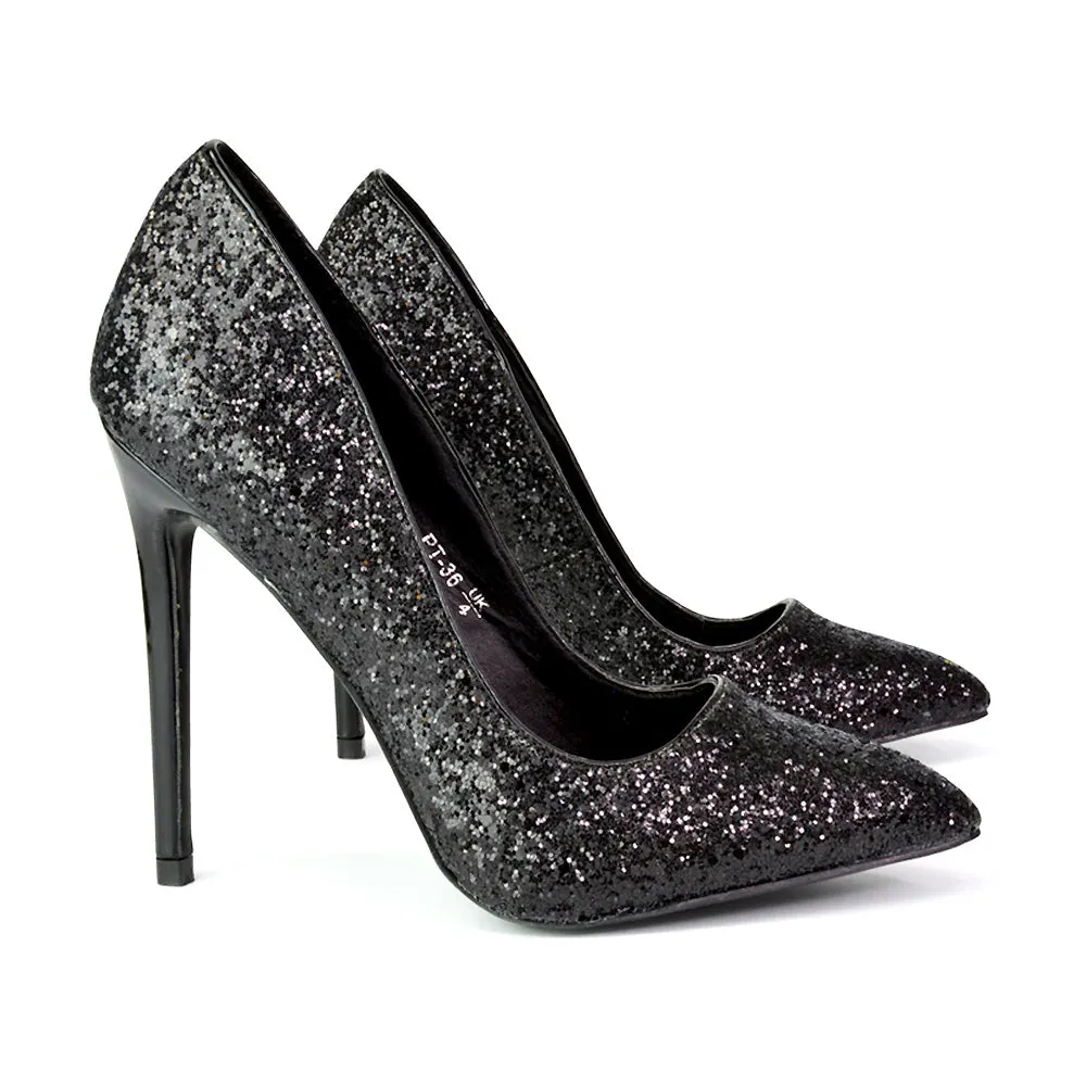 Emerald Pointed Toe Court Shoes Glitter Stiletto High Heels in Black