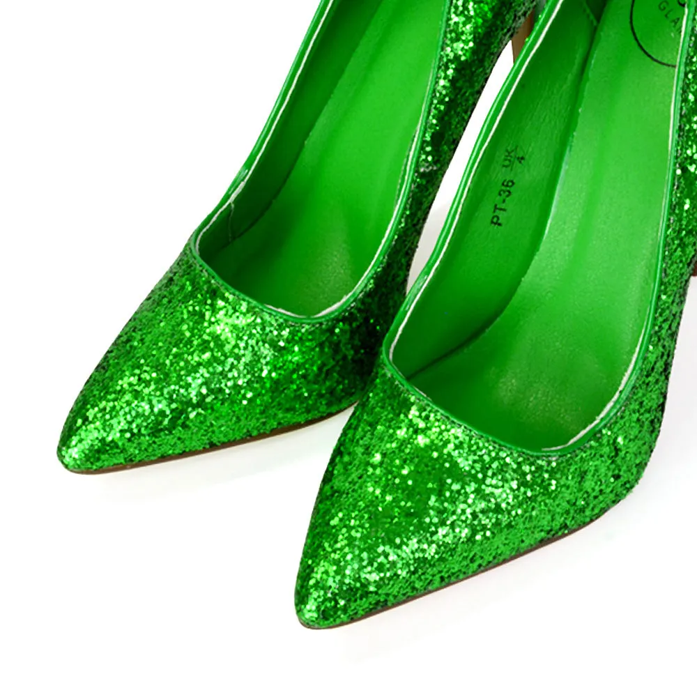 Emerald Pointed Toe Court Shoes Glitter Stiletto High Heels in Black