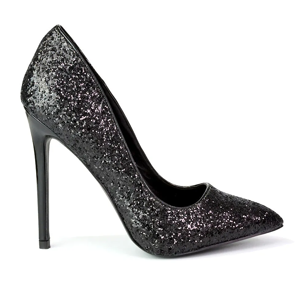 Emerald Pointed Toe Court Shoes Glitter Stiletto High Heels in Black