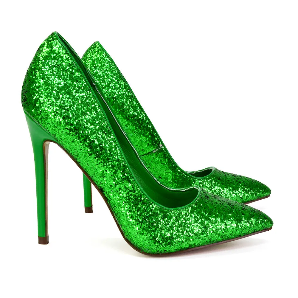 Emerald Pointed Toe Court Shoes Glitter Stiletto High Heels in Black