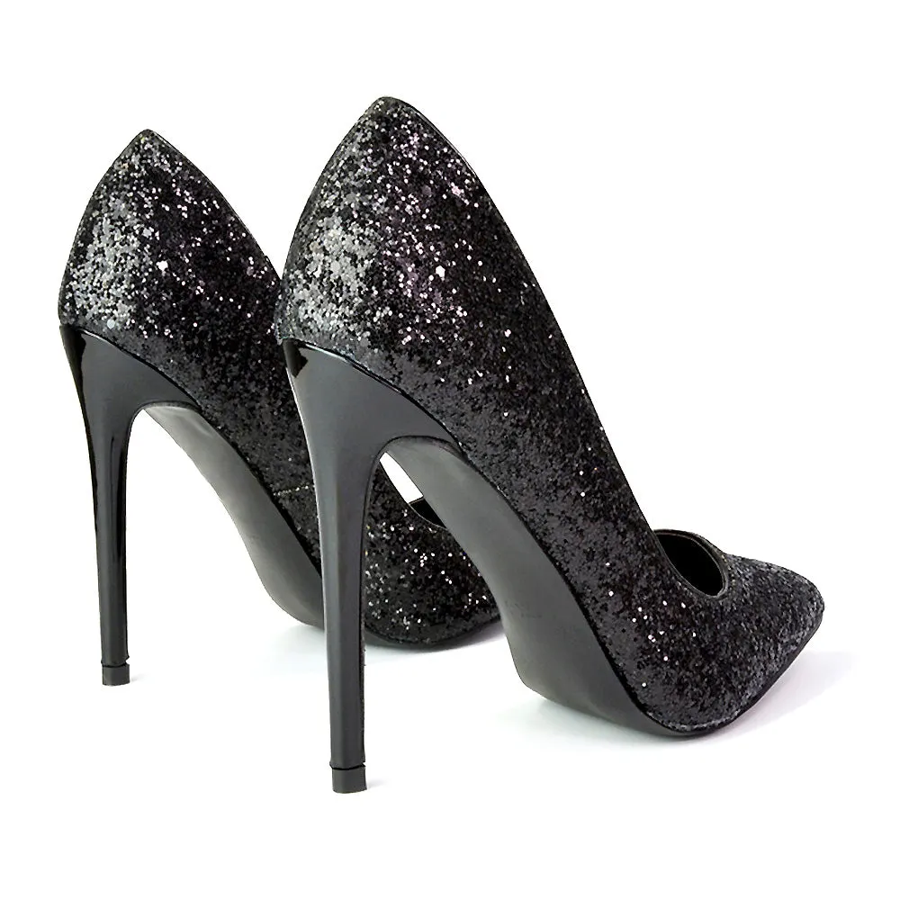 Emerald Pointed Toe Court Shoes Glitter Stiletto High Heels in Black