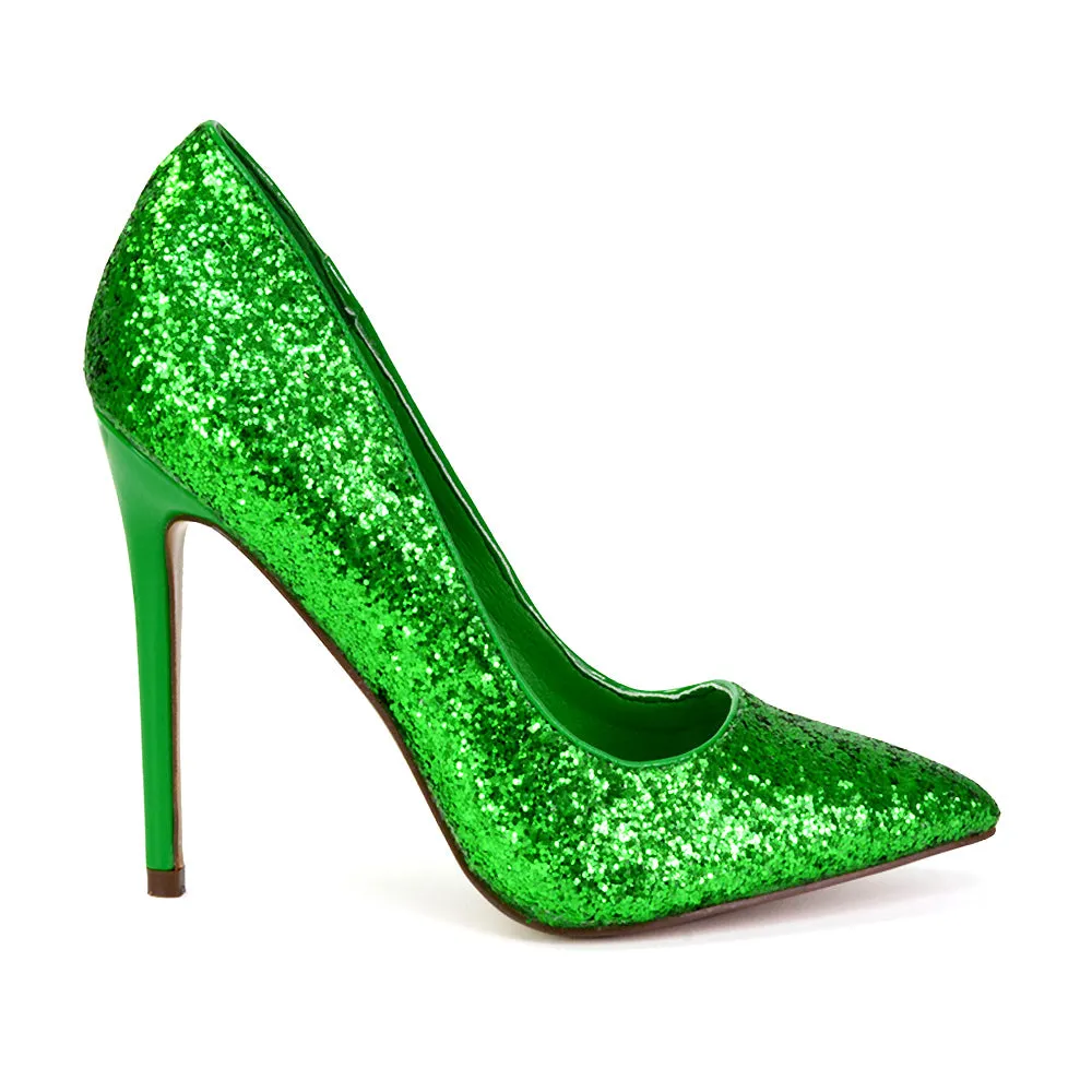 Emerald Pointed Toe Court Shoes Glitter Stiletto High Heels in Black